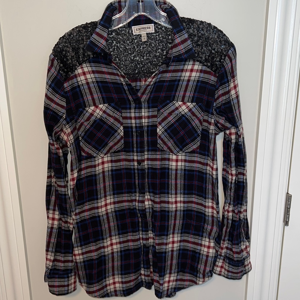 Express blue flannel shirt with black matte sequin detail